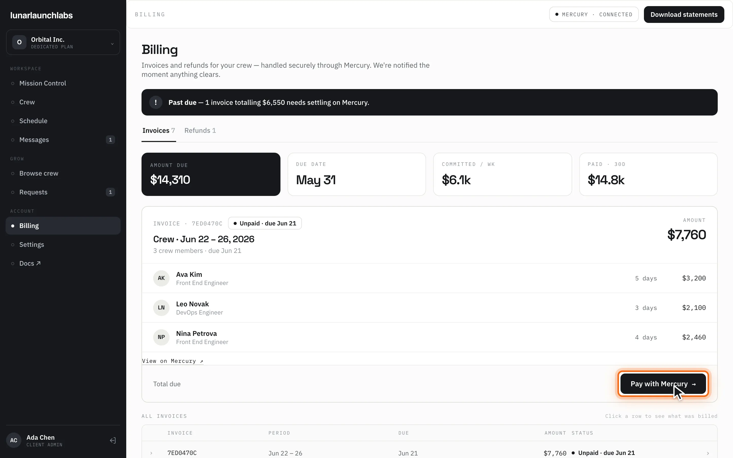 The client billing page with the current invoice card and the “Pay with Mercury” button highlighted