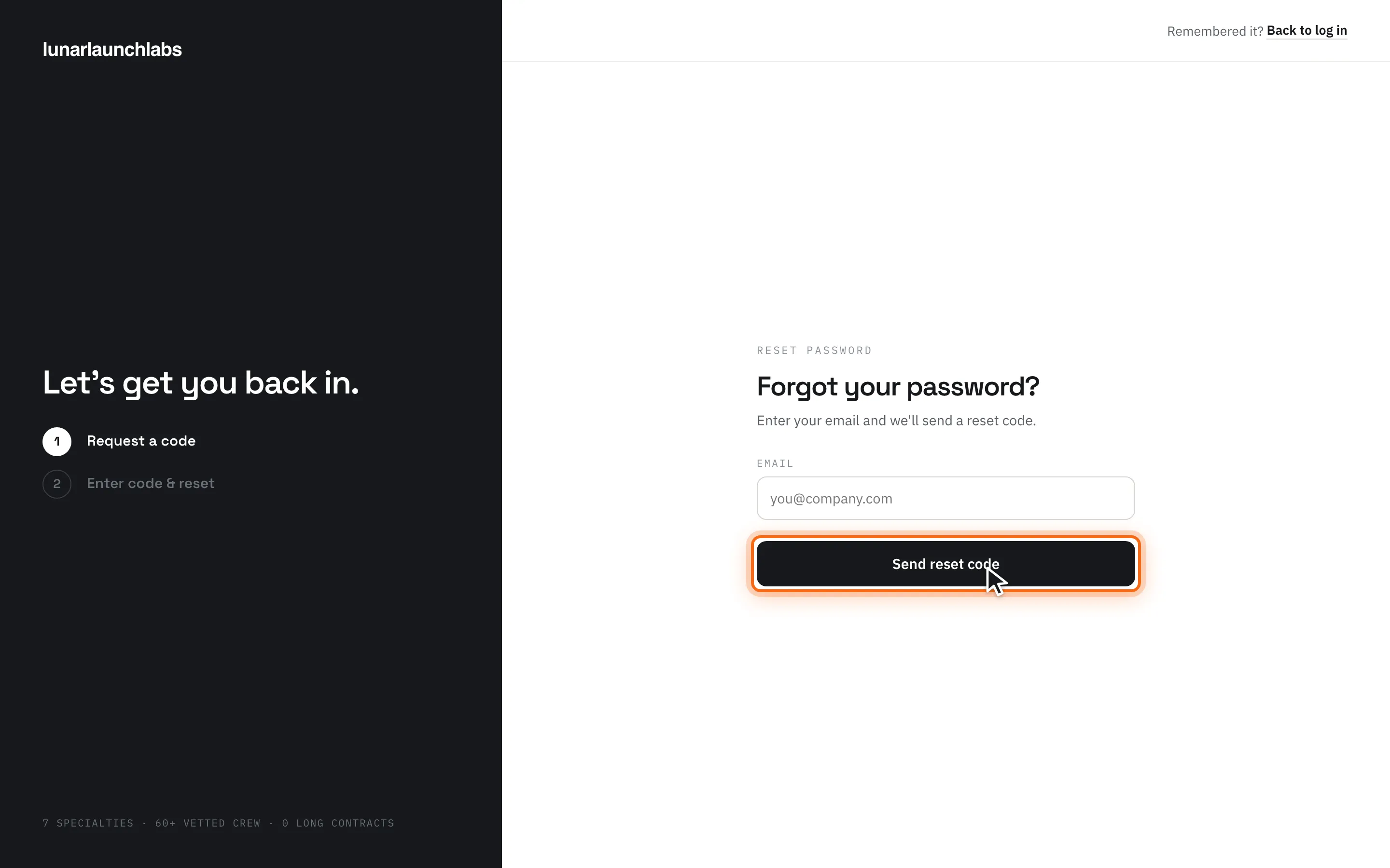 The forgot-password form with the email field and the “Send reset code” button highlighted