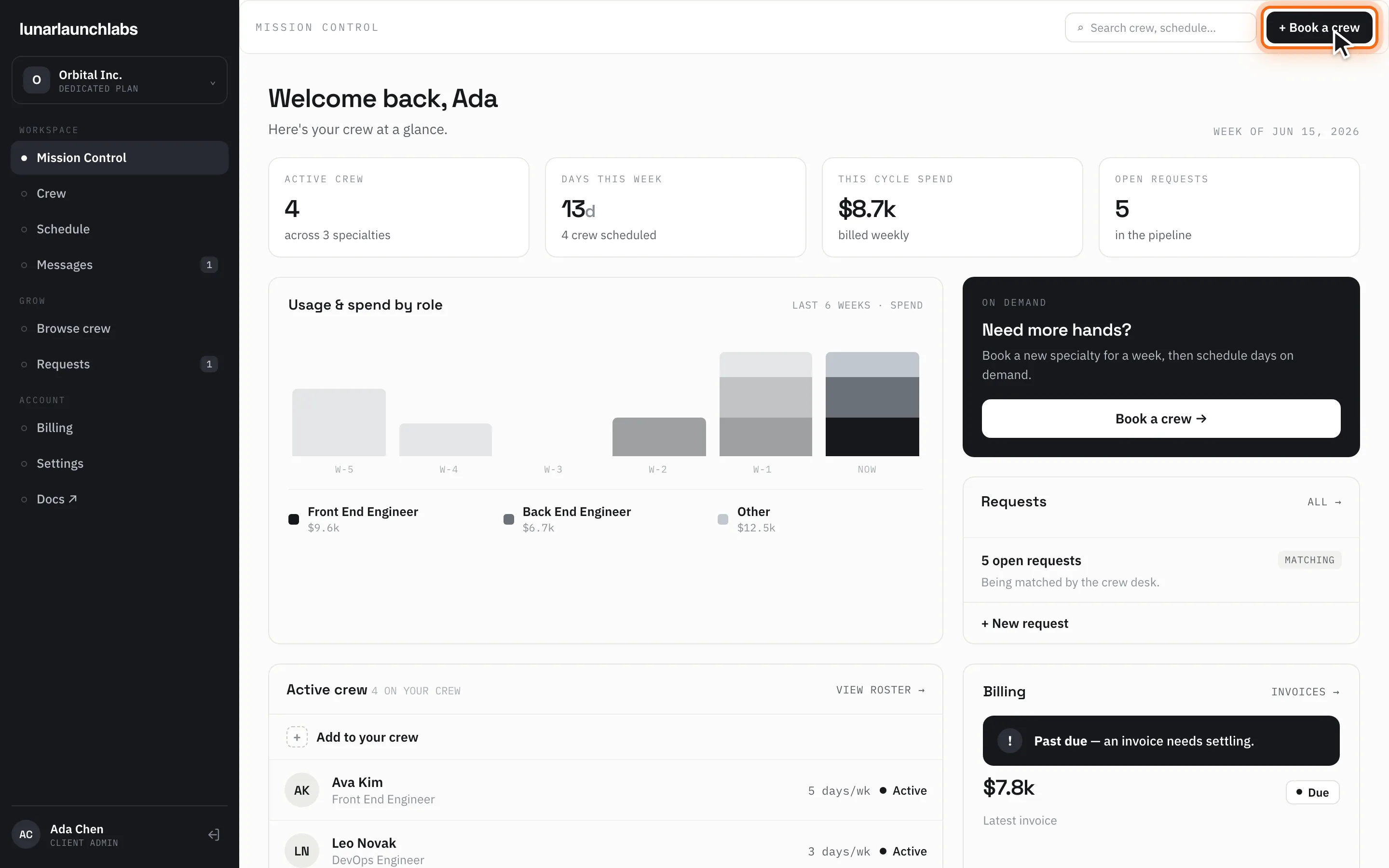 The client Mission Control dashboard on the seeded demo workspace, with the “+ Book a crew” header button highlighted