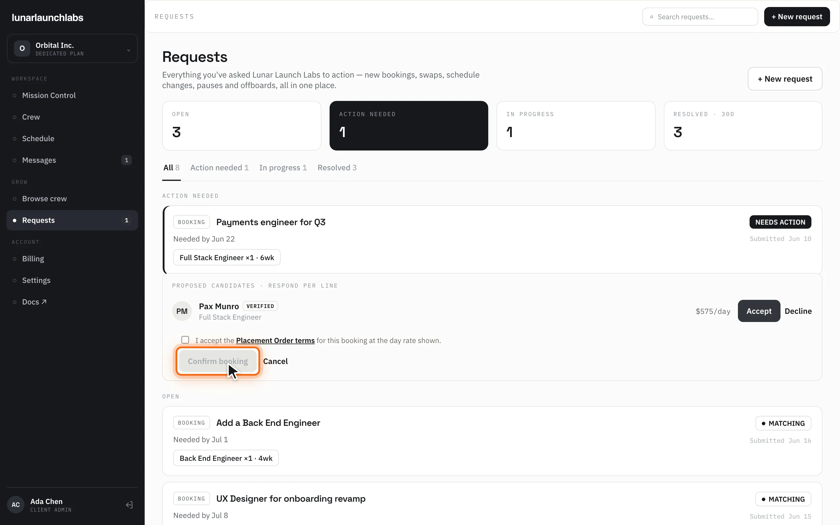 The booking confirmation with the Placement Order checkbox and the “Confirm booking” button highlighted