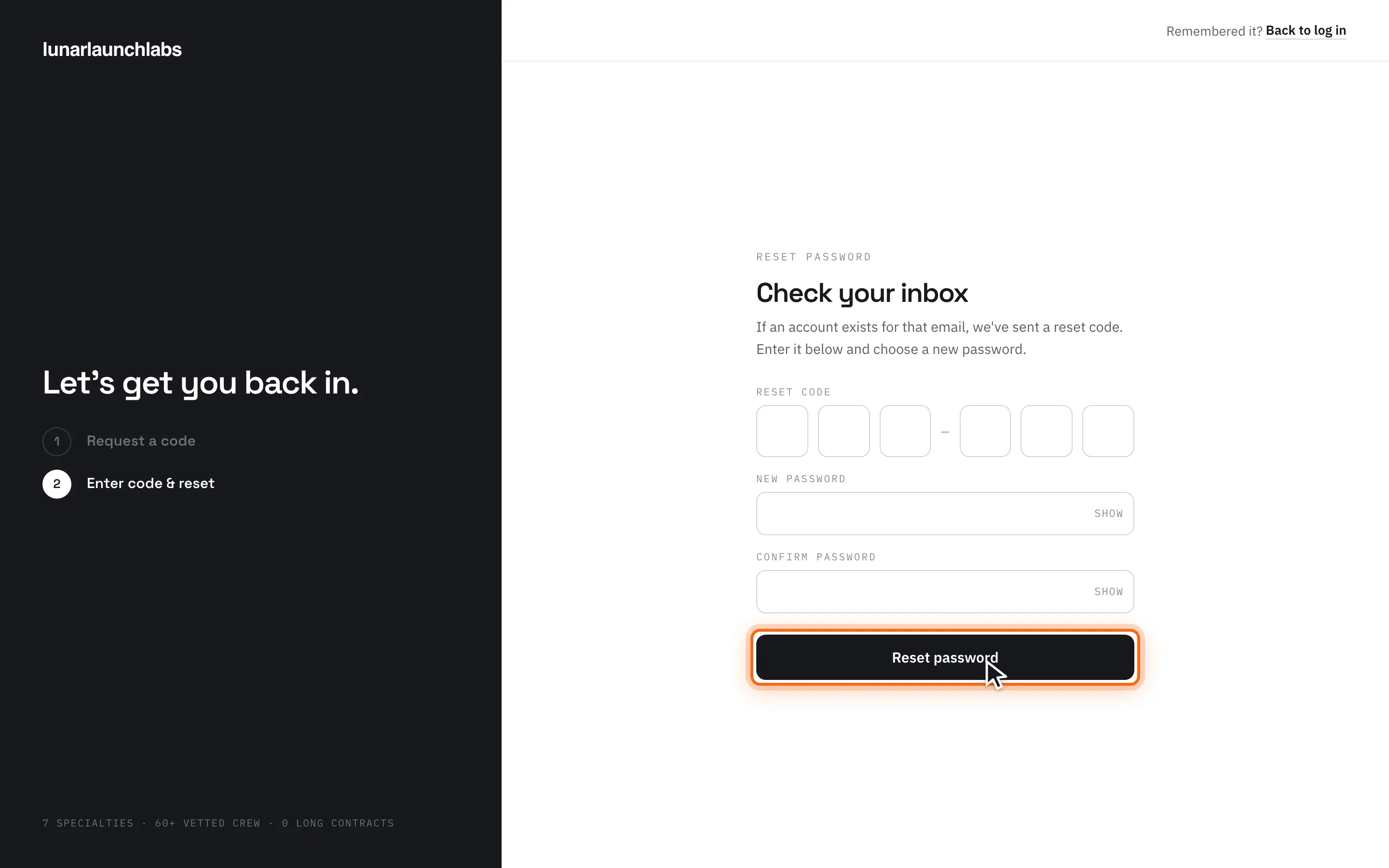 The reset screen with code and new-password fields and the “Reset password” button highlighted