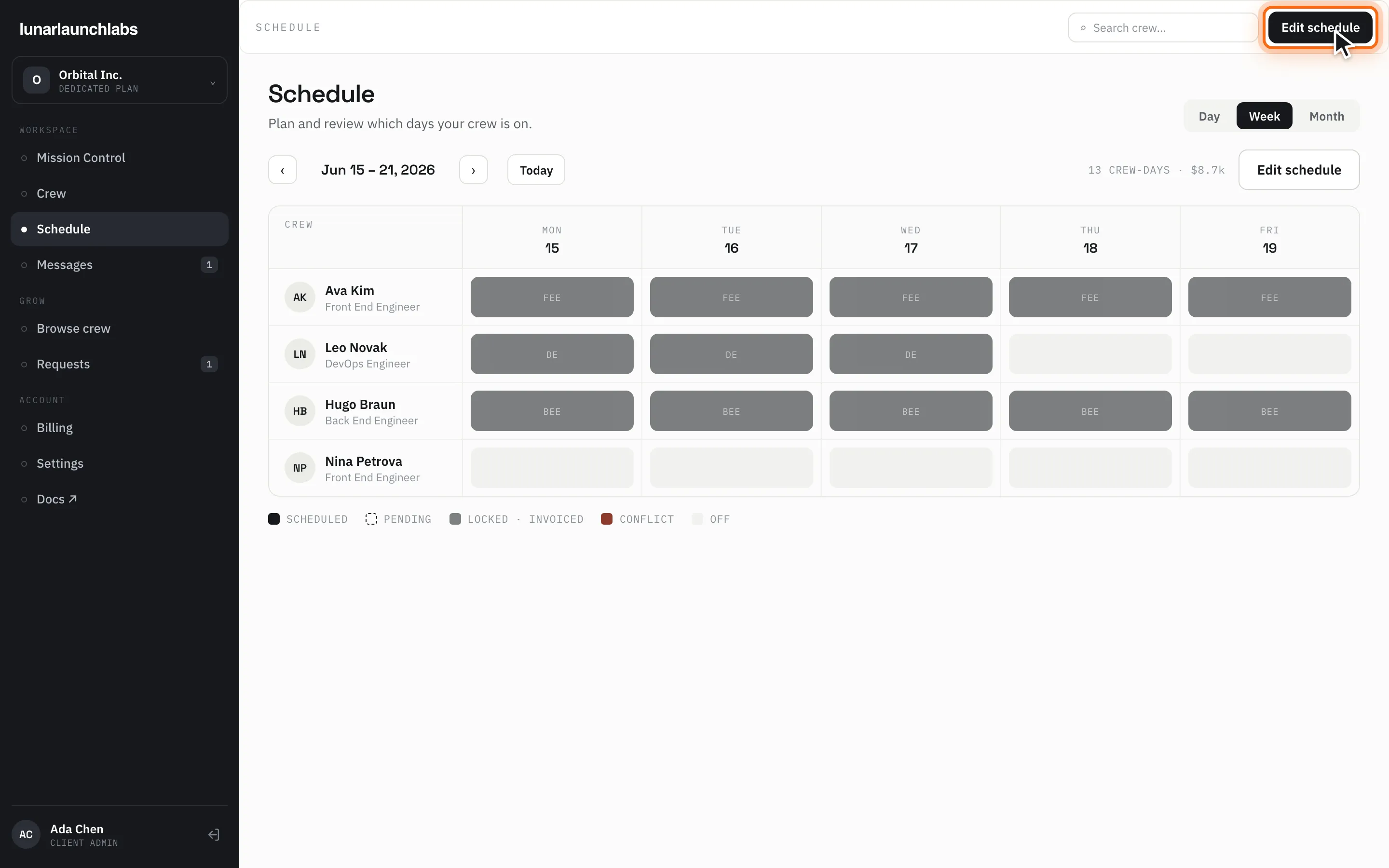 The client week grid with day statuses and the “Edit schedule” button highlighted