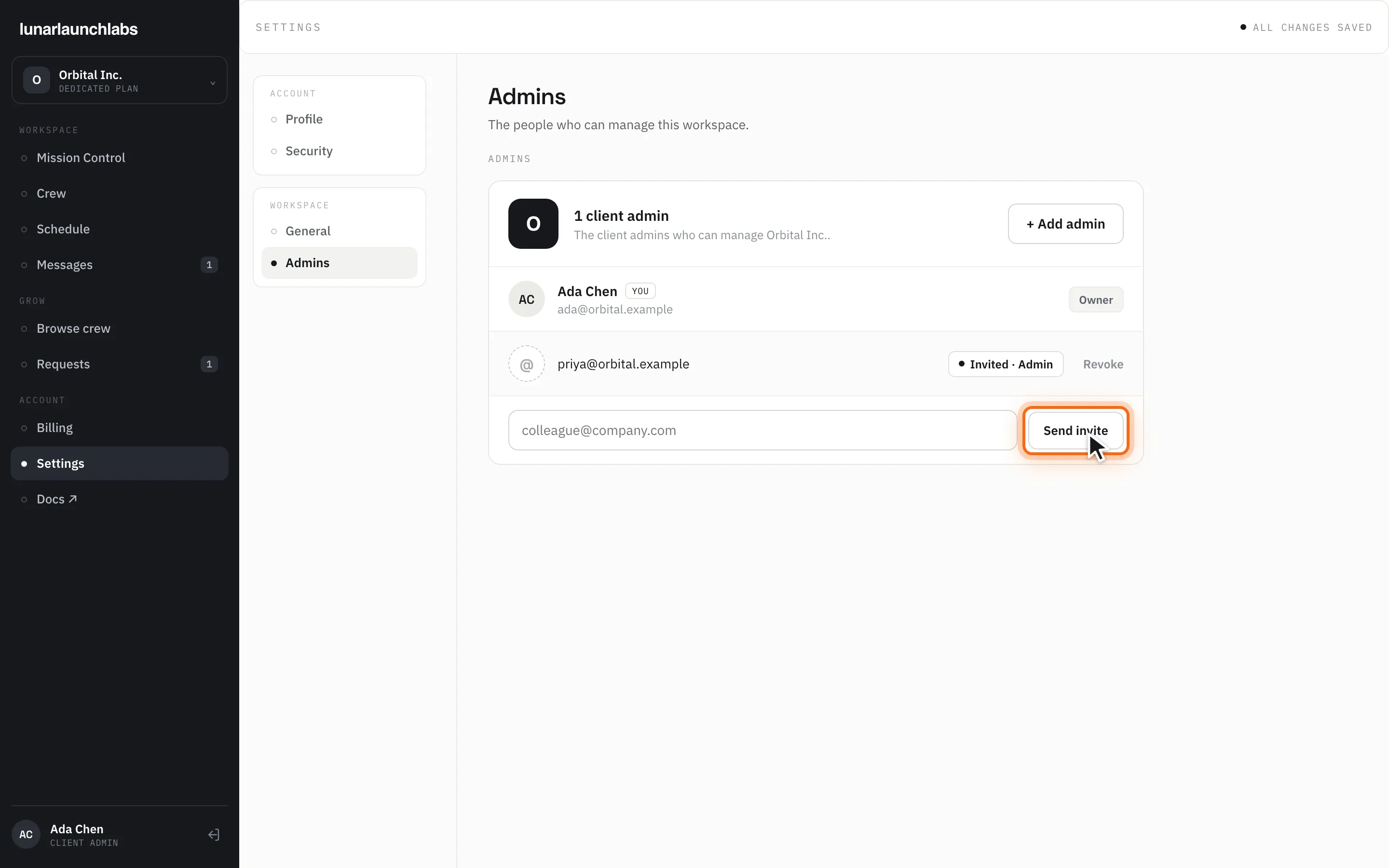 The Admins section with member rows, a pending invite, and the “Send invite” button highlighted